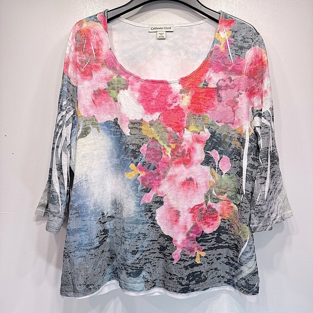 Coldwater Creek Floral Shirt 3/4 Sleeve Lined Cotton Poly Blend Burnout Size XL